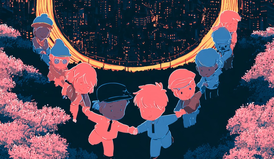 Children holding hands in a circle beneath the Tokyo skyline