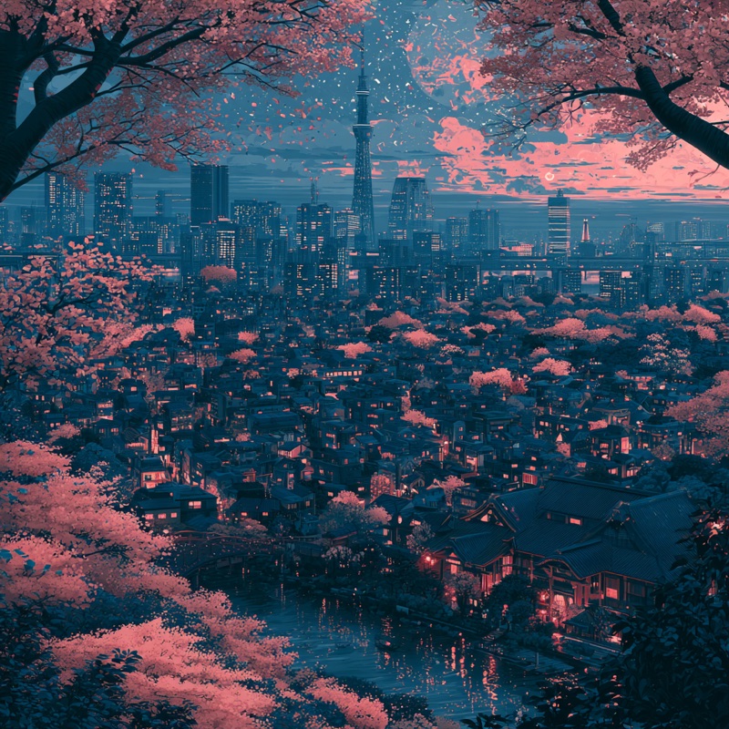 Cherry blossom over the Edogawa skyline at dusk