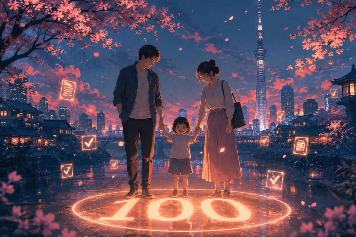 A family standing on a glowing score of 100 beneath the Tokyo skyline